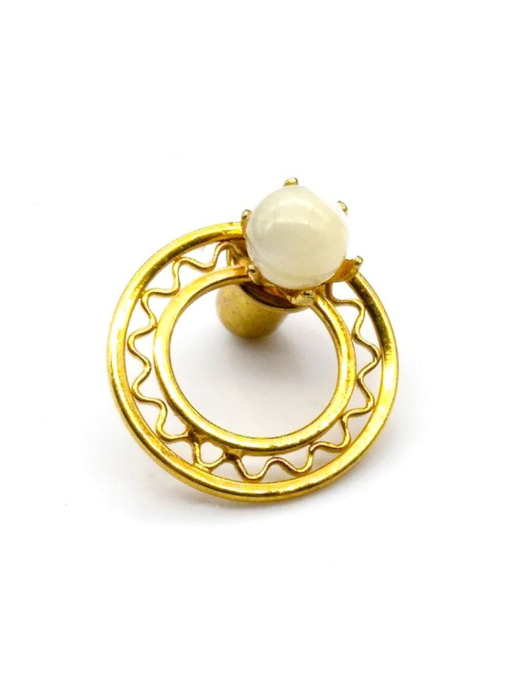 Elegant Vintage MOP Tie Tack, Circular Filigree Lapel Pin is Anchored by a Lovel